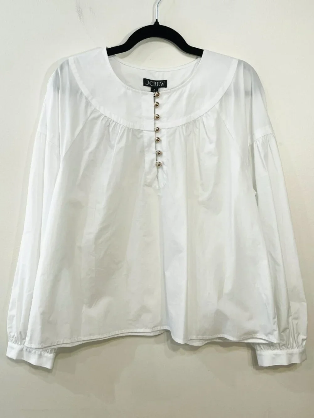 New J.Crew 100% Cotton Gold Button Shirred Popover Blouse White Large